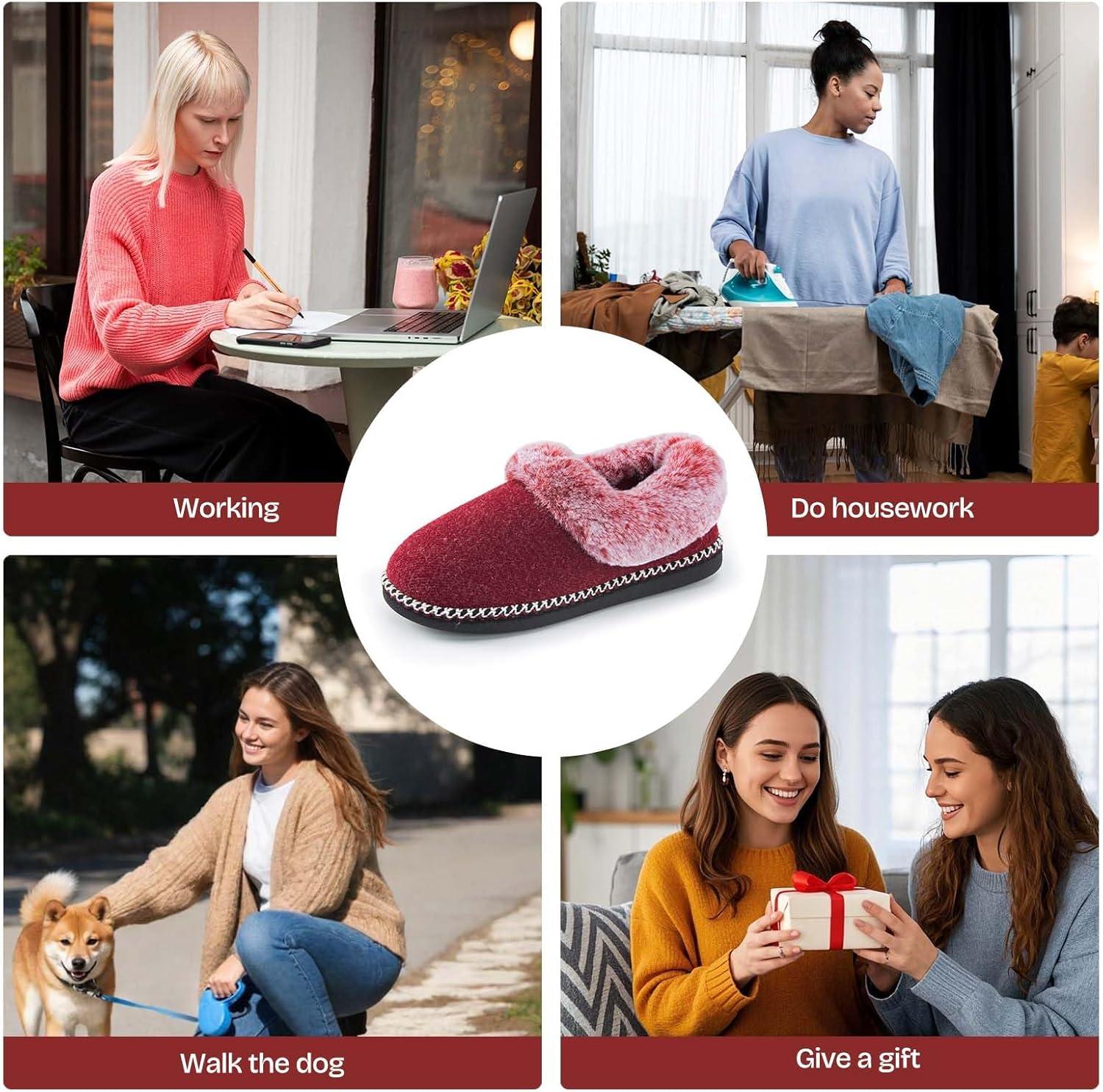 imageEverFoams Womens Bootie Slippers Warm Soft Comfy Memory Foam Nonslip Indoor House Shoes with Fluffy CollarBurgundy