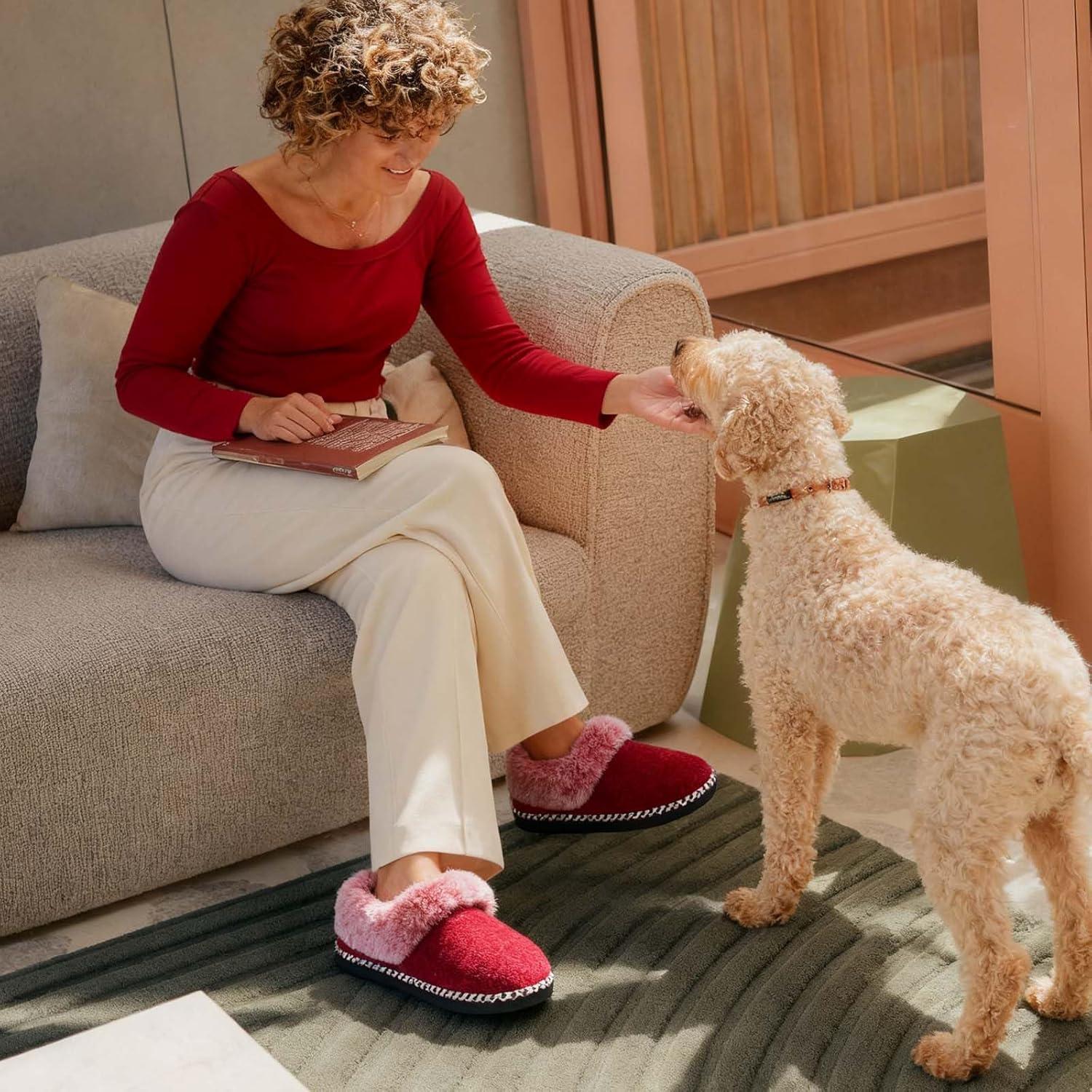 imageEverFoams Womens Bootie Slippers Warm Soft Comfy Memory Foam Nonslip Indoor House Shoes with Fluffy CollarBurgundy