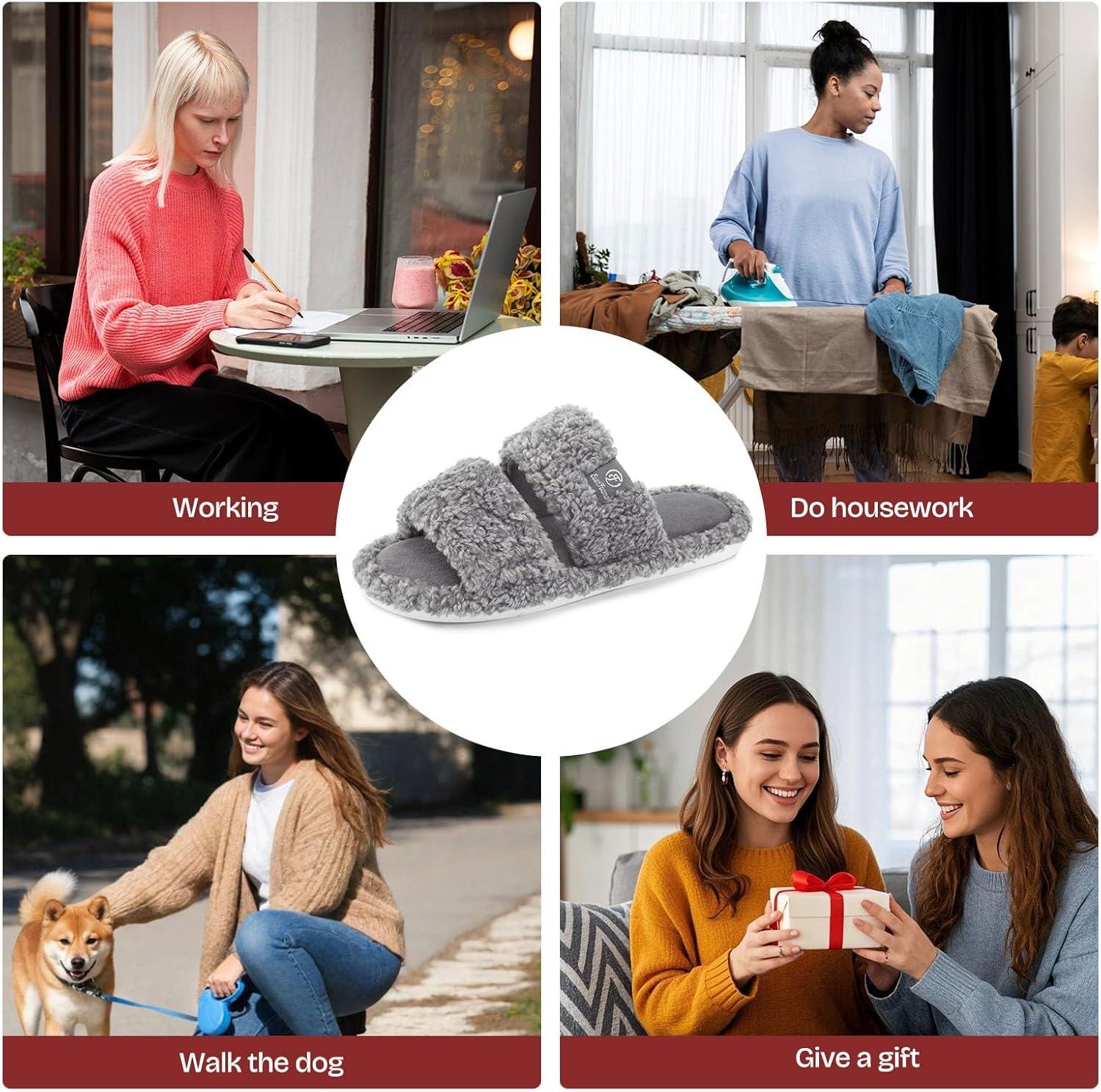 imageEverFoams Womens Fuzzy Open Toe Slippers Comfy Soft Memory Foam Indoor House ShoesCool Gray