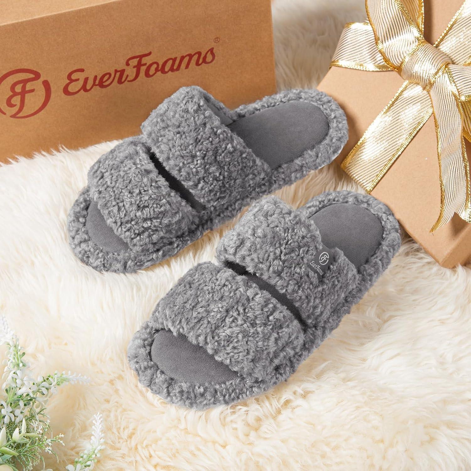 imageEverFoams Womens Fuzzy Open Toe Slippers Comfy Soft Memory Foam Indoor House ShoesCool Gray