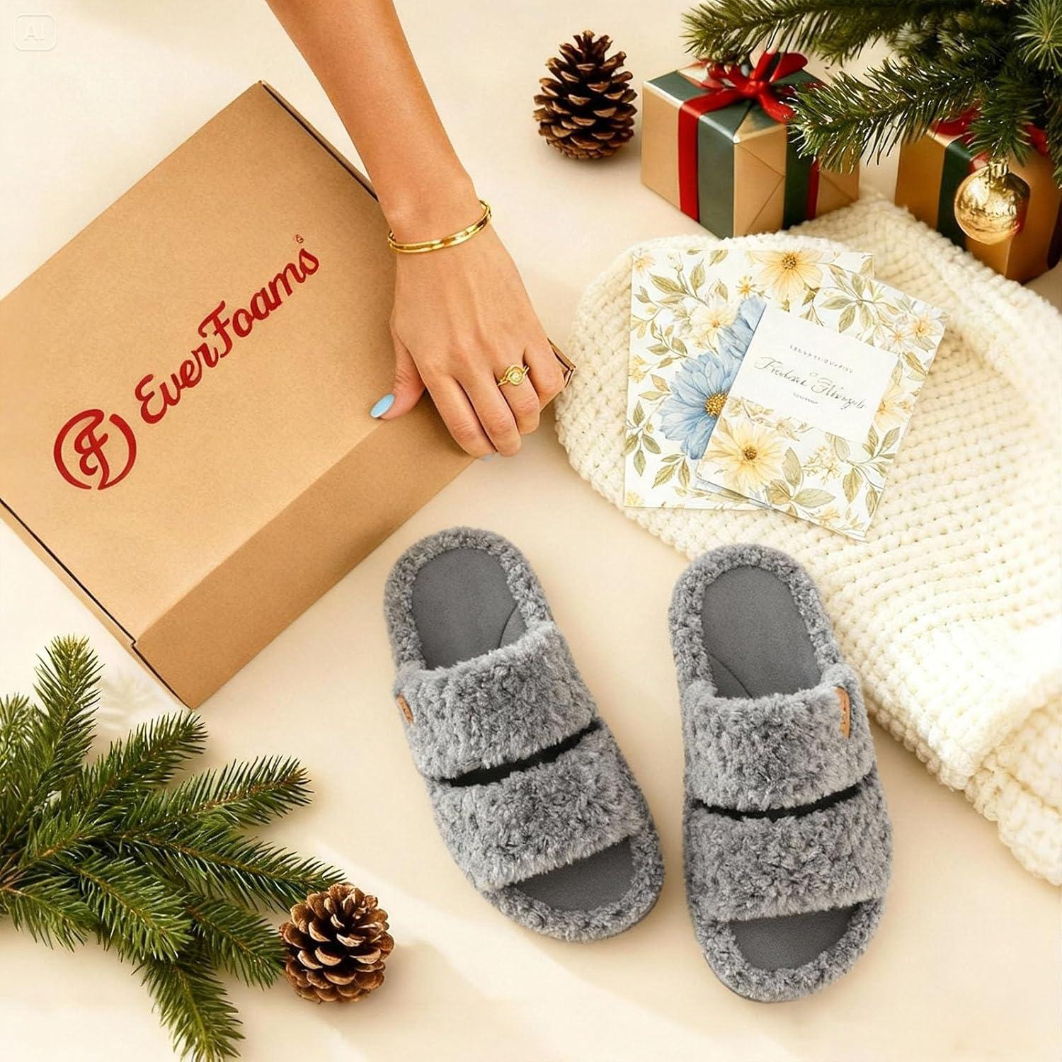 imageEverFoams Womens Fuzzy Opentoe Slippers Soft Comfy Memory Foam Indoor House ShoesCool Gray
