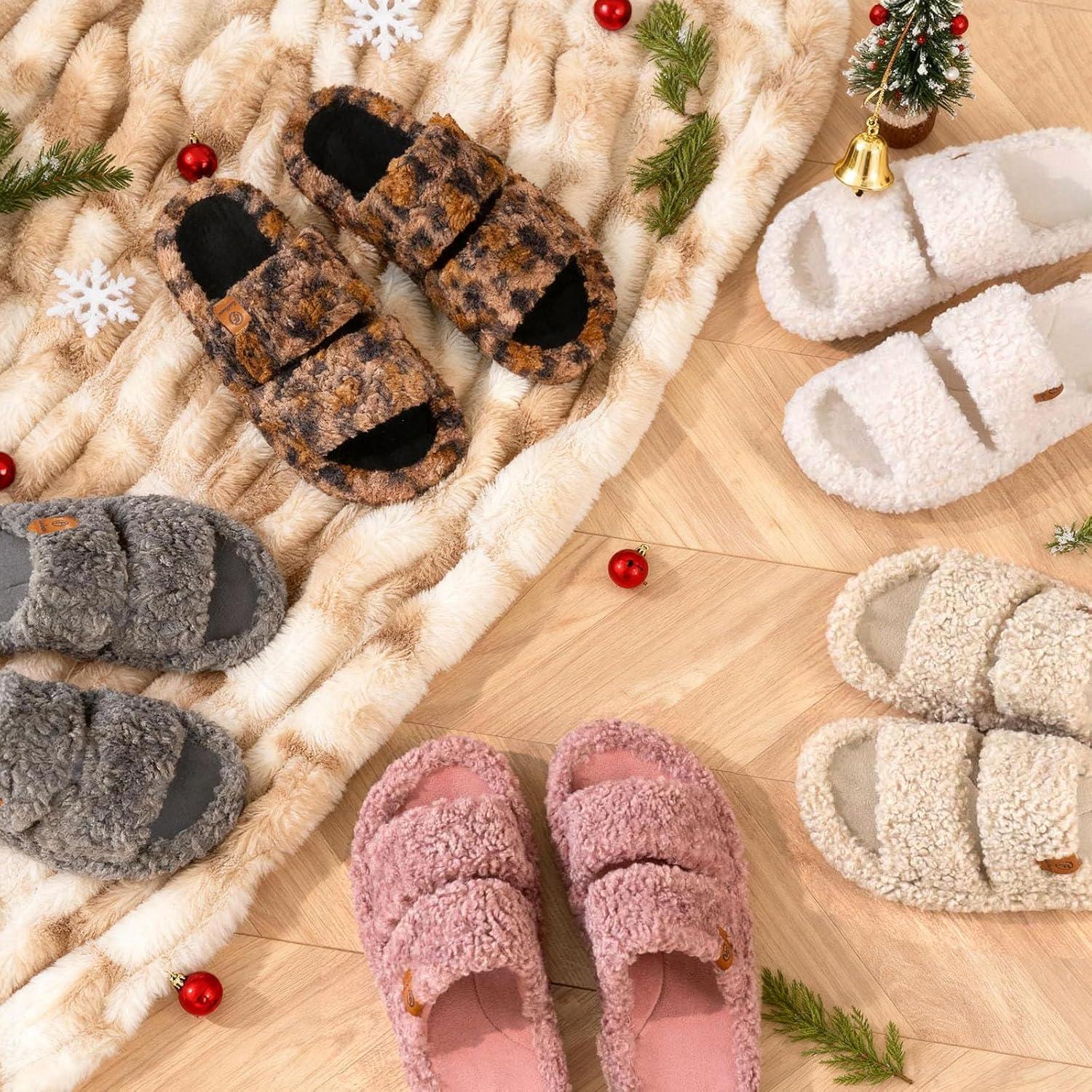 imageEverFoams Womens Fuzzy Opentoe Slippers Soft Comfy Memory Foam Indoor House ShoesCool Gray