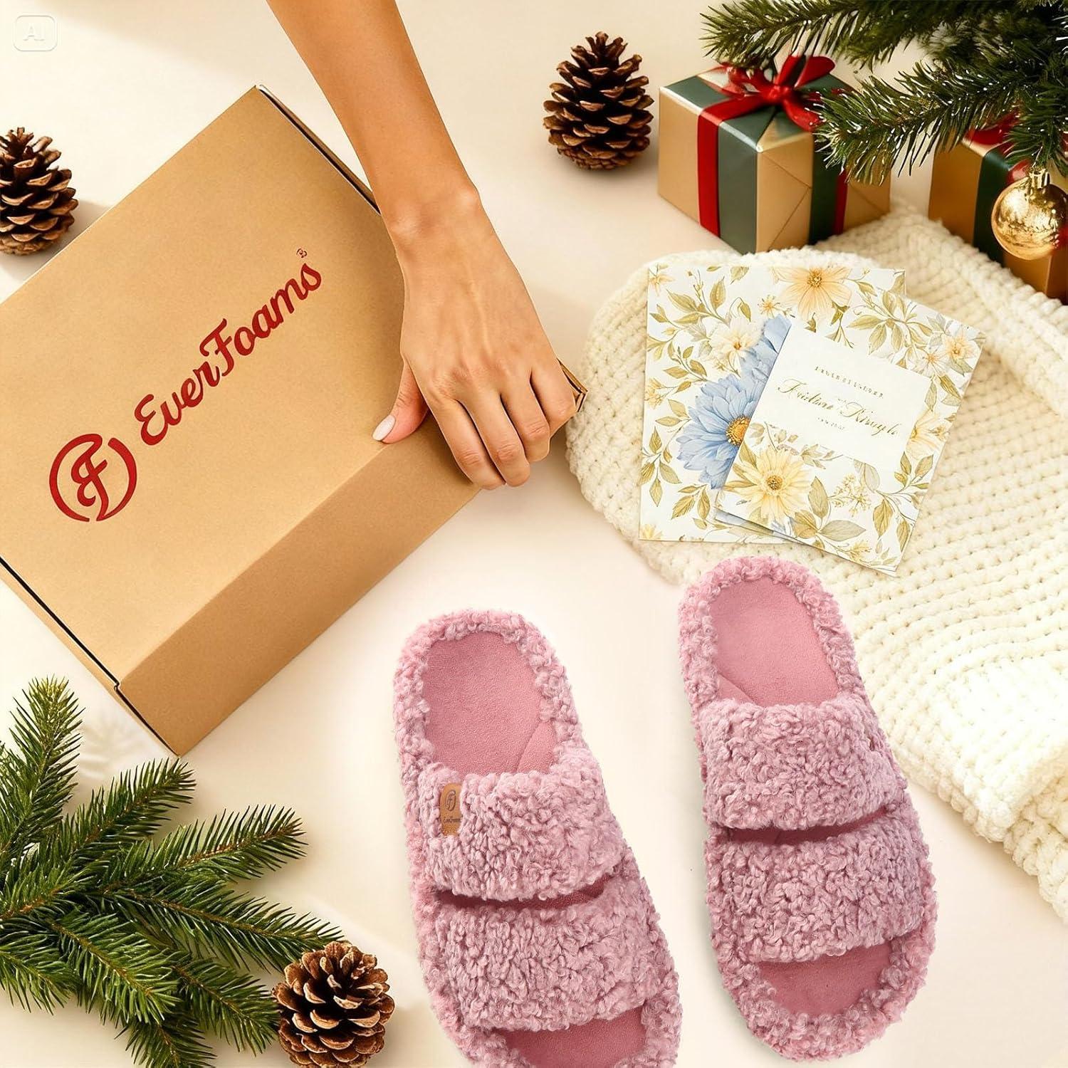 imageEverFoams Womens Fuzzy Opentoe Slippers Soft Comfy Memory Foam Indoor House ShoesDusty Rose