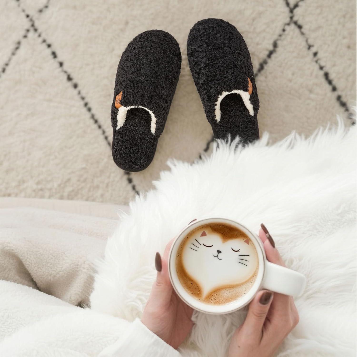 imageEverFoams Womens Fuzzy Slipon Slippers Warm Cozy Soft Lightweight Memory Foam Indoor House ShoesCarbon Black