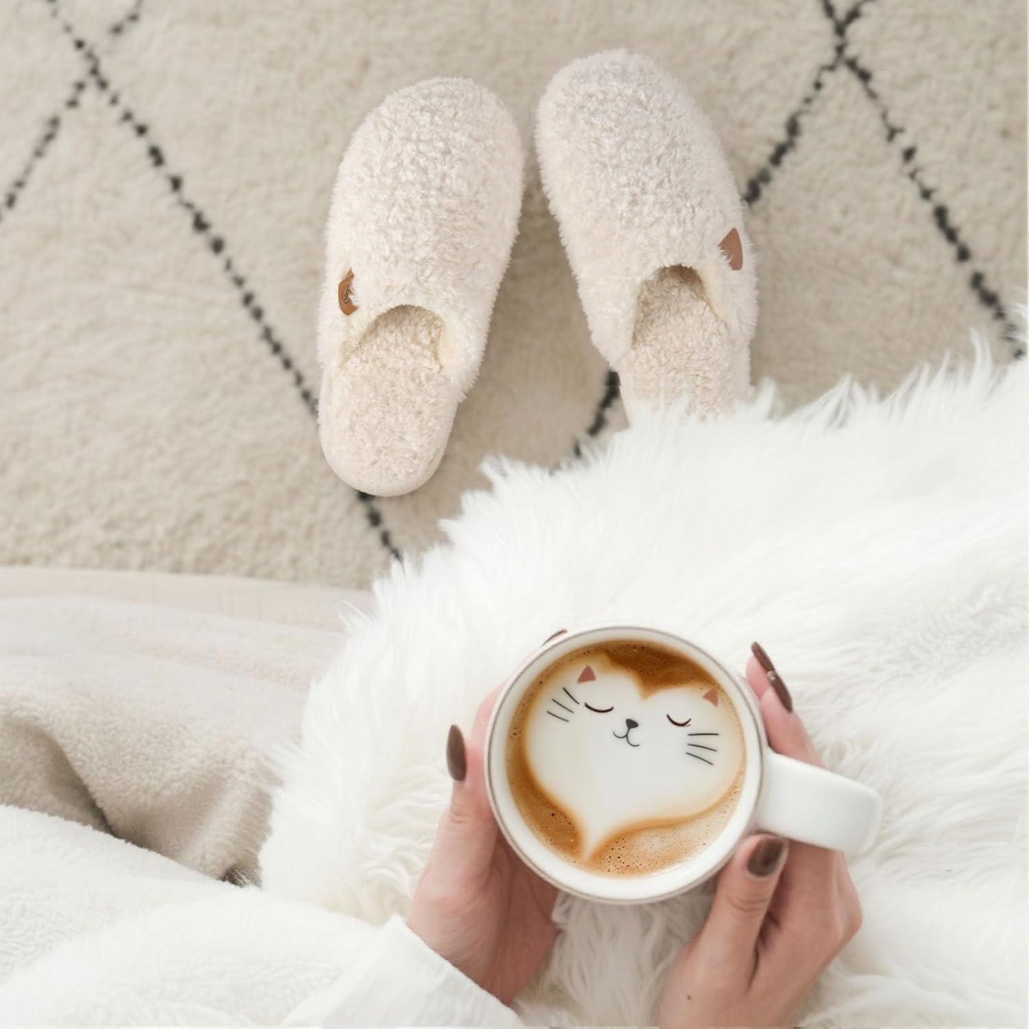 imageEverFoams Womens Fuzzy Slipon Slippers Warm Cozy Soft Lightweight Memory Foam Indoor House ShoesCream White