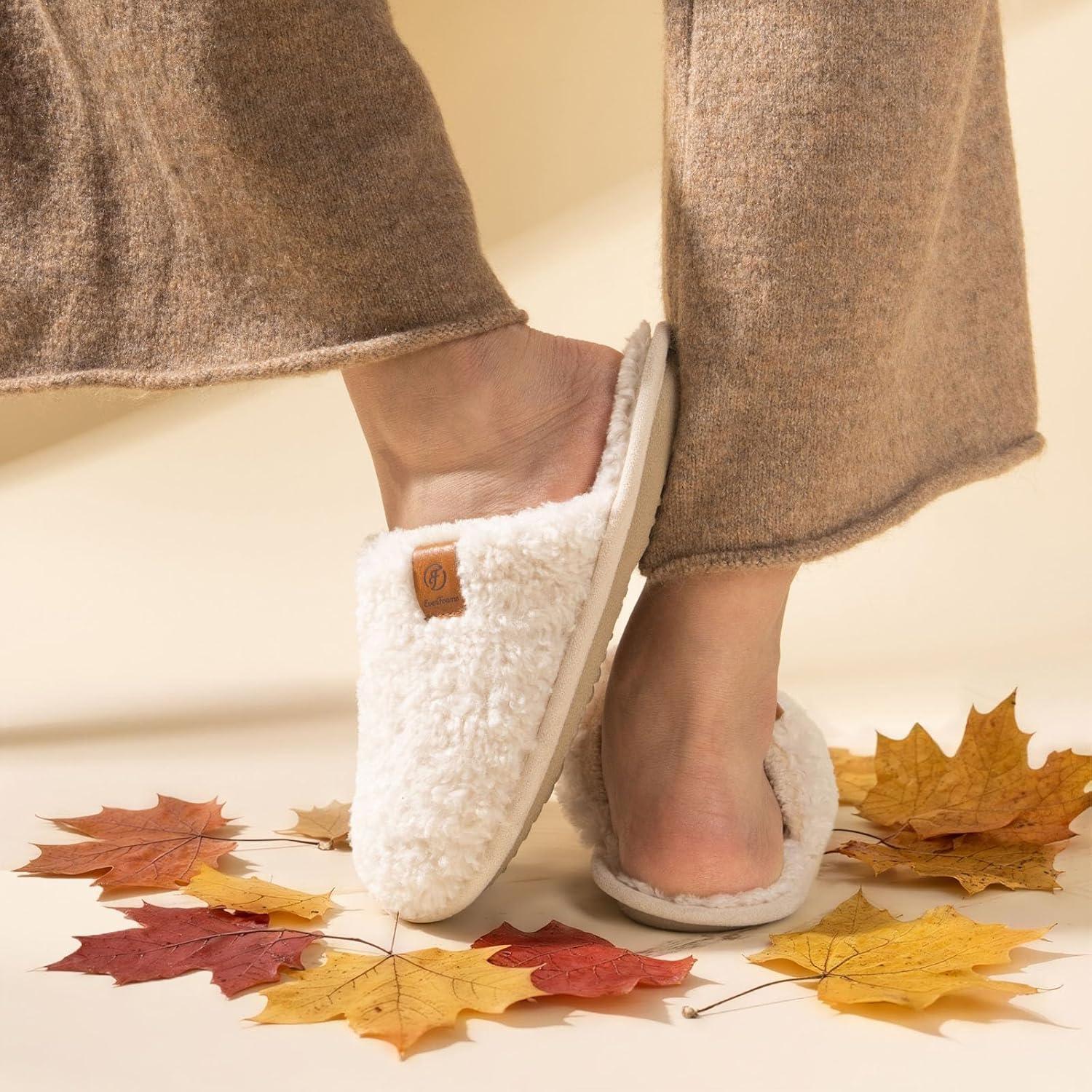 imageEverFoams Womens Fuzzy Slipon Slippers Warm Cozy Soft Lightweight Memory Foam Indoor House ShoesCream White