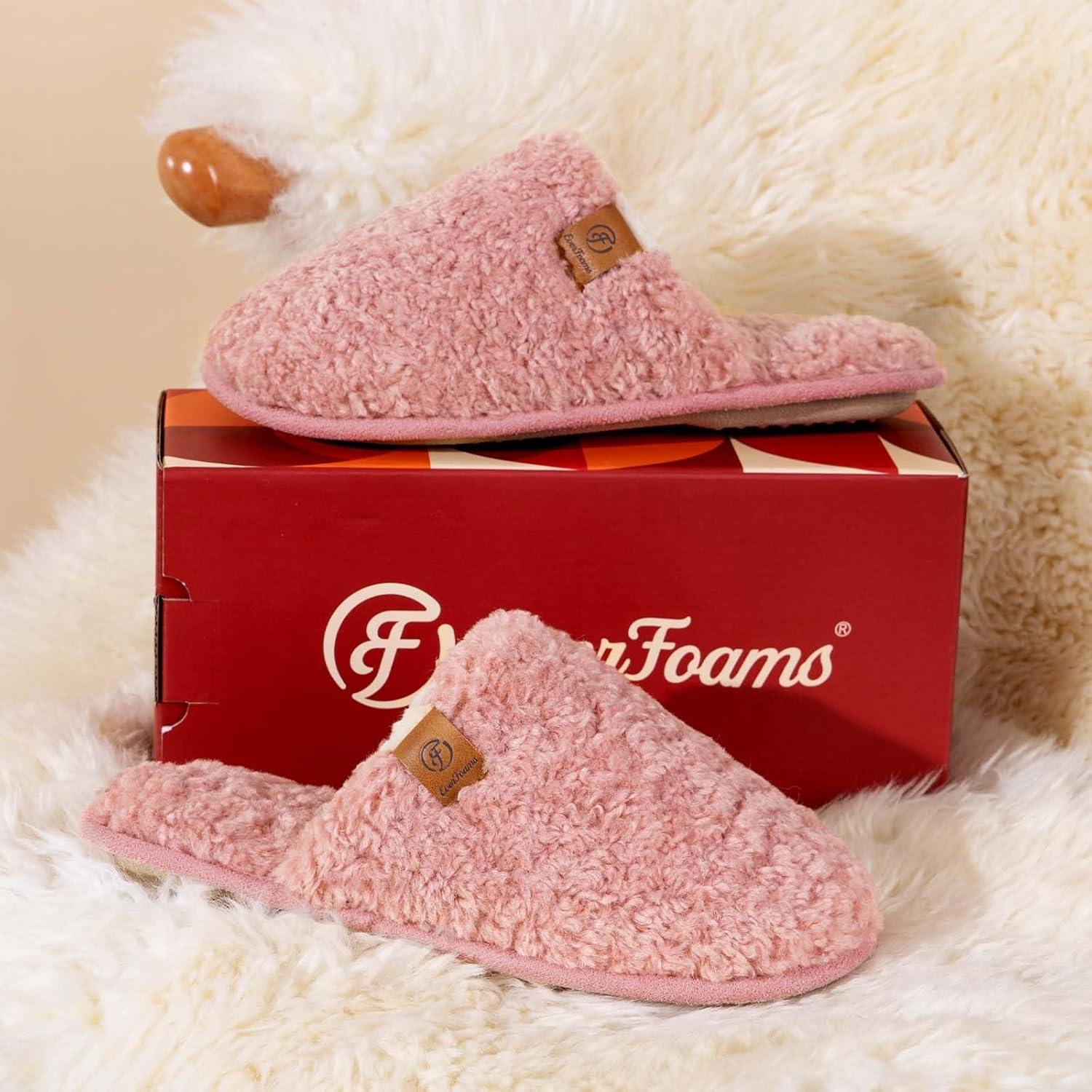 imageEverFoams Womens Fuzzy Slipon Slippers Warm Cozy Soft Lightweight Memory Foam Indoor House ShoesPink