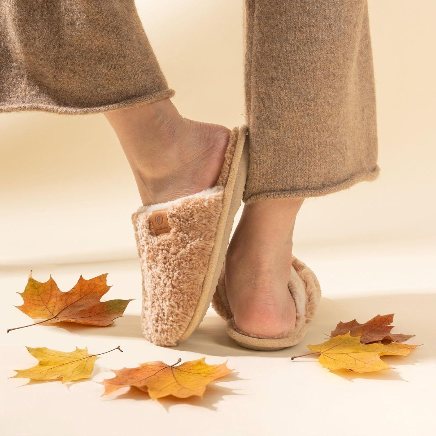 imageEverFoams Womens Fuzzy Slipon Slippers Warm Cozy Soft Lightweight Memory Foam Indoor House ShoesSand