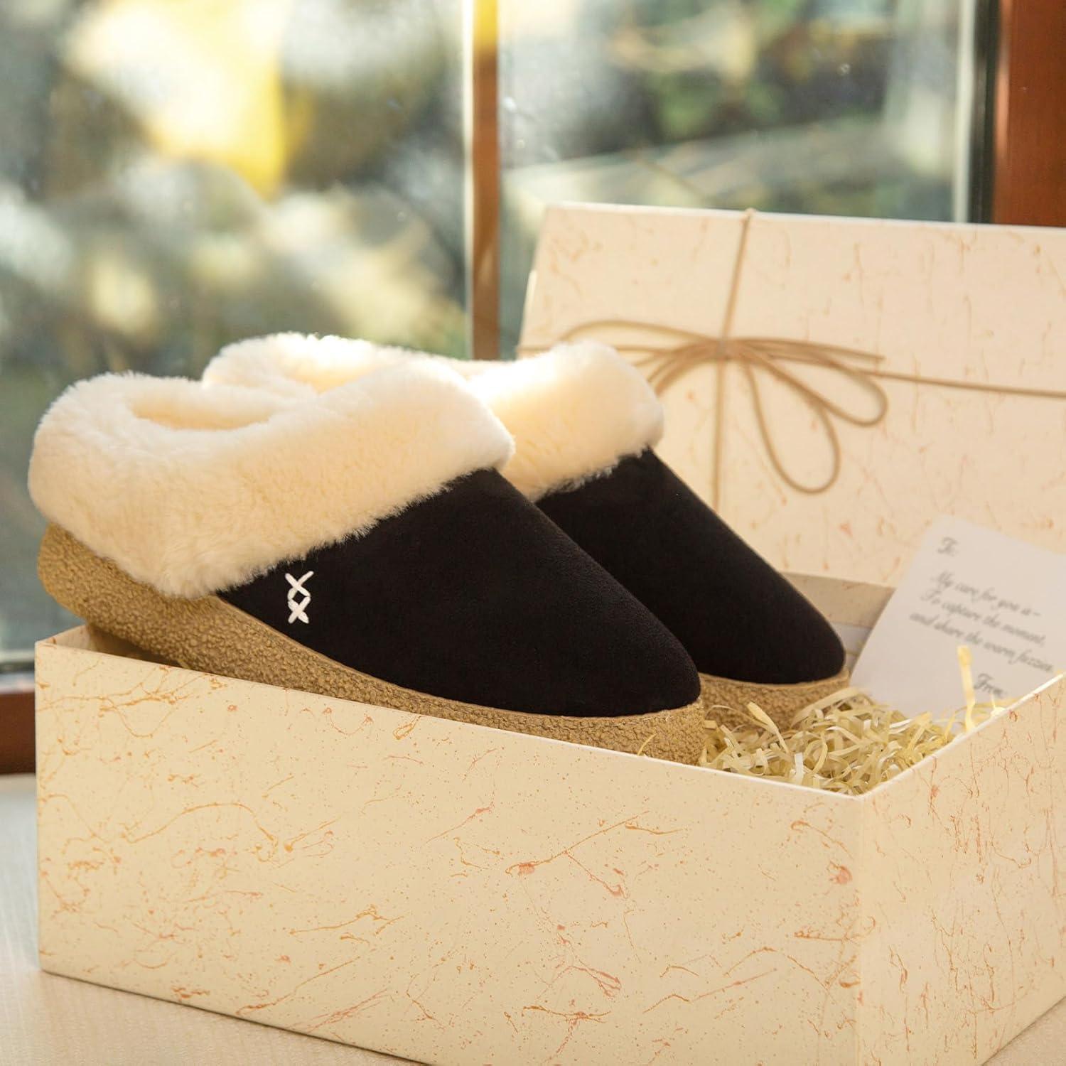 imageEverFoams Womens Microsuede Slippers Comfy Memory Foam Nonslip Indoor House Shoes with Fuzzy CollarInk Black