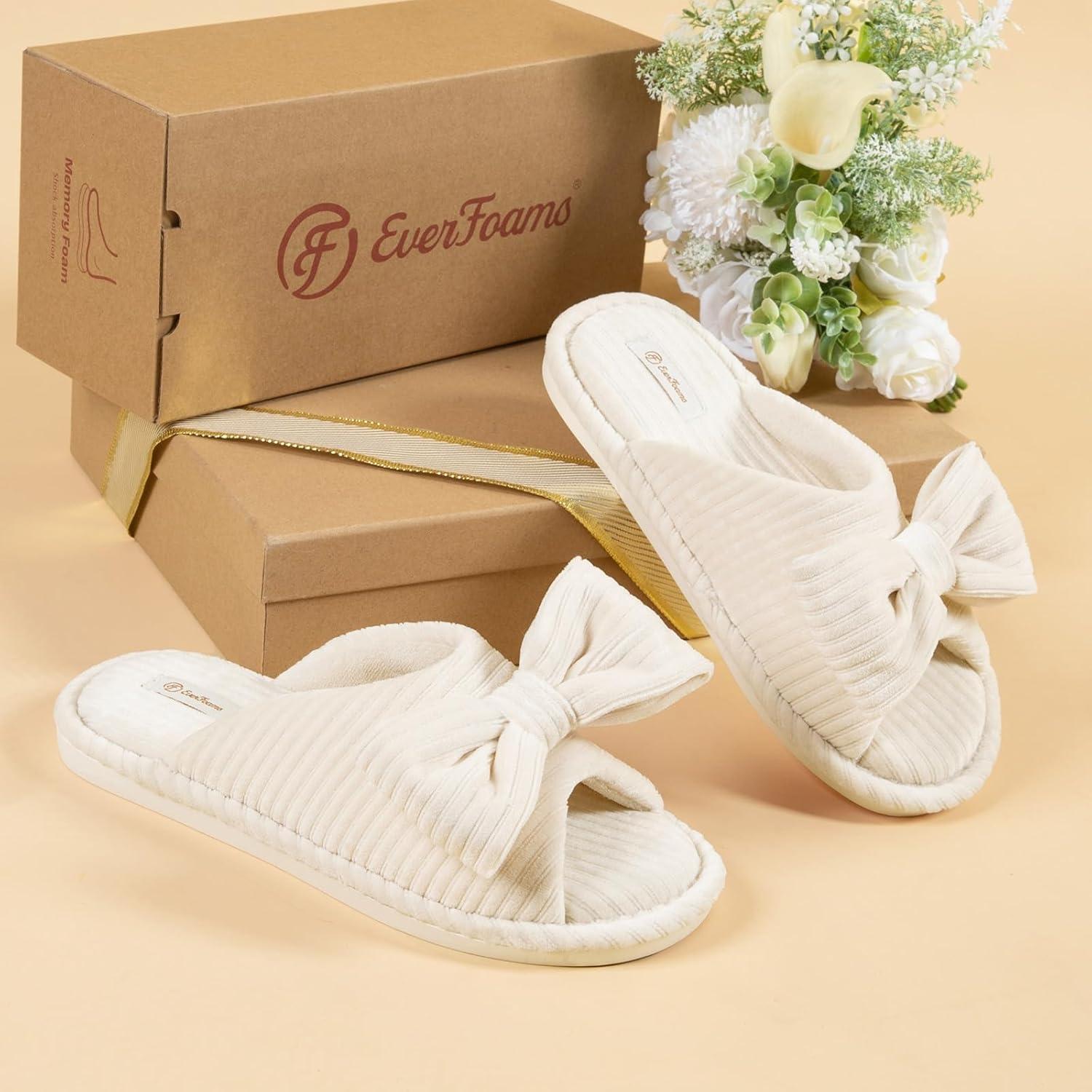imageEverFoams Womens OpenToe Bow Slippers with Memory Foam Indoor House NonSlip SolePearl White