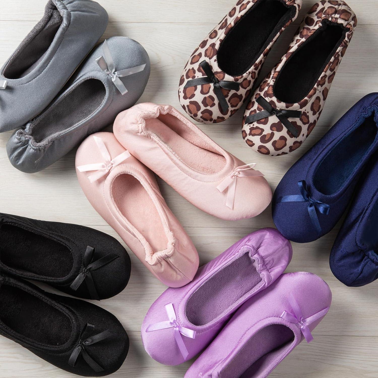 imageEverFoams Womens Satin Memory Foam Ballerina Slippers Cute House Shoes with Indoor Rubber SoleGrey