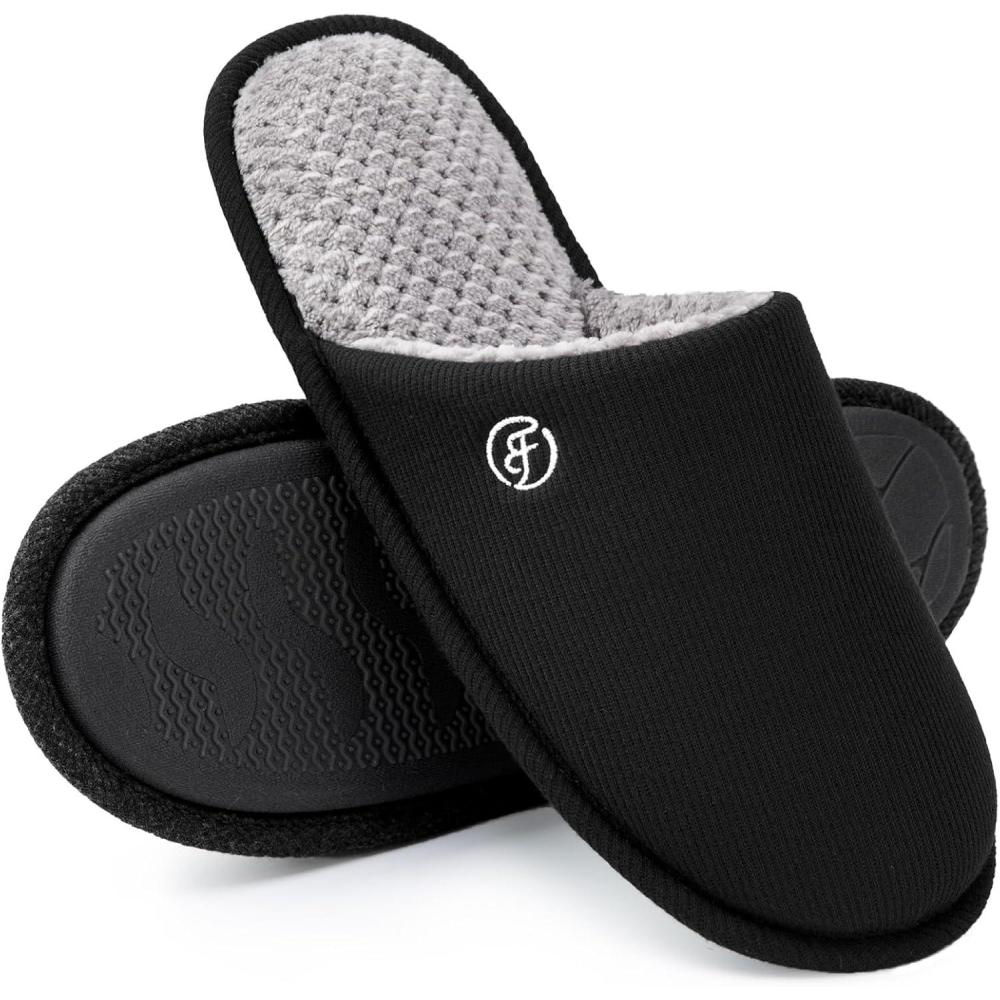 imageEverFoams Mens Cotton Knit Slippers Lightweight Memory Foam Indoor House Shoes with AntiSkid SoleSpaceblack