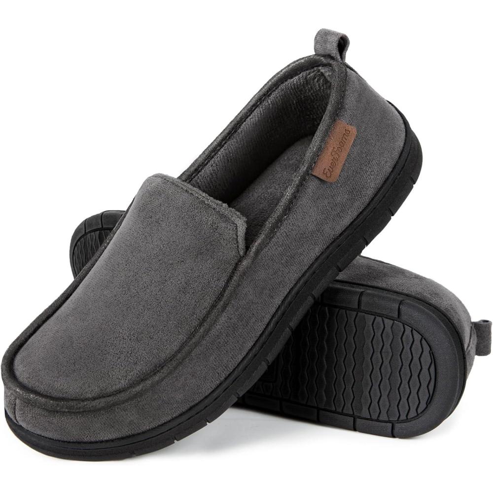 imageEverFoams Mens Microsuede Moccasin Slippers Memory Foam IndoorOutdoor House Shoes with Coral Fleece Lining Steel Gray12 US