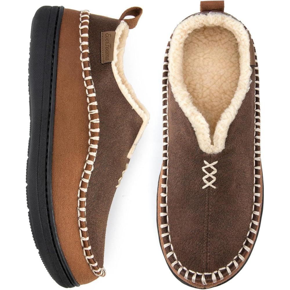 imageEverFoams Mens Moccasin Slippers Memory Foam IndoorOutdoor Warm Suede House Shoes with Fuzzy Sherpa LiningCoffee