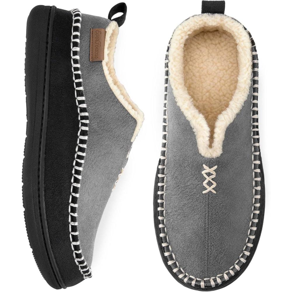 imageEverFoams Mens Moccasin Slippers Memory Foam IndoorOutdoor Warm Suede House Shoes with Fuzzy Sherpa LiningGrey