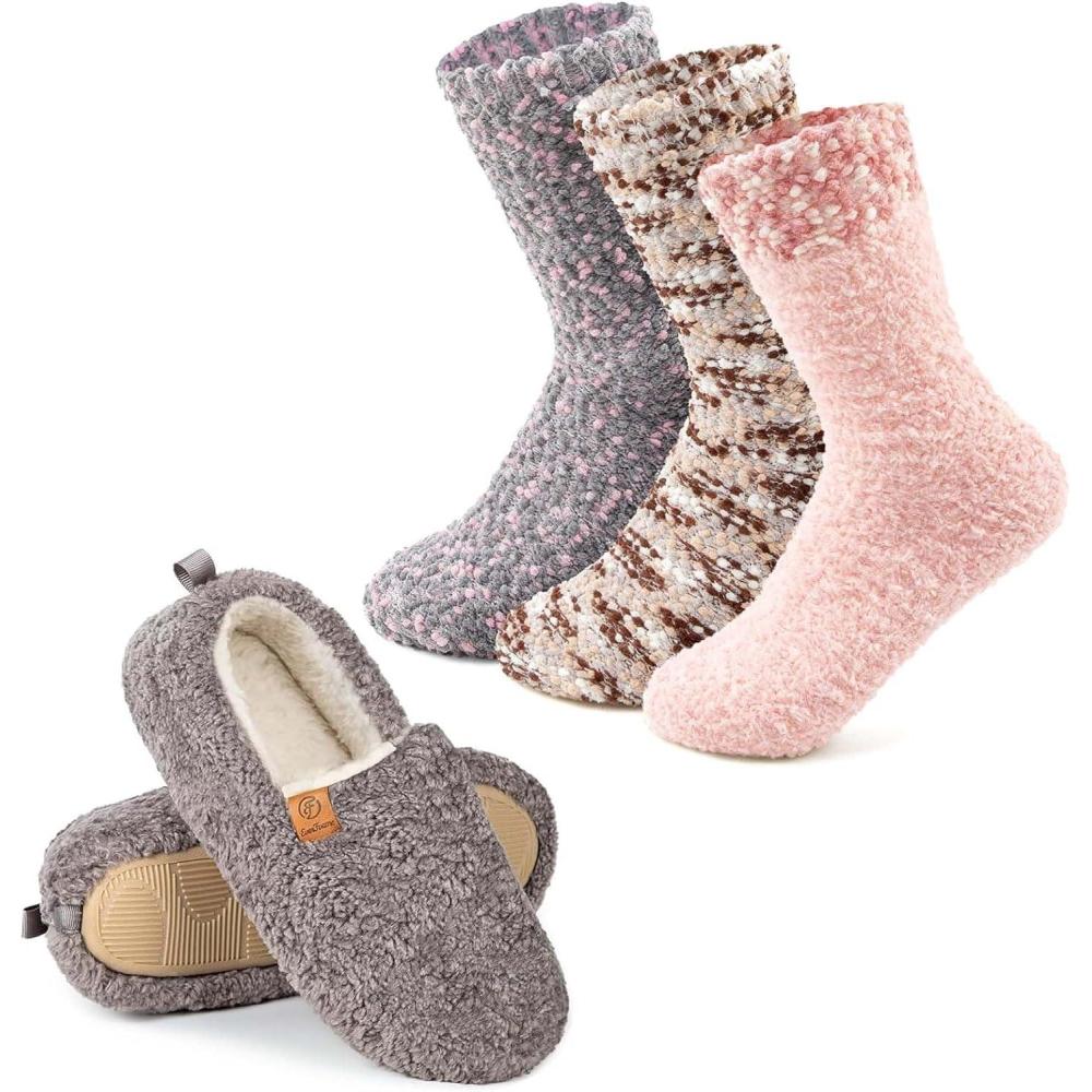 imageEverFoams Warm Womens Slippers Socks Set  Soft Full Cozy Loafer Slippers Size 1112 Grey  Cozy Chenille Socks 3Pair Set Free Size Misty Pastels