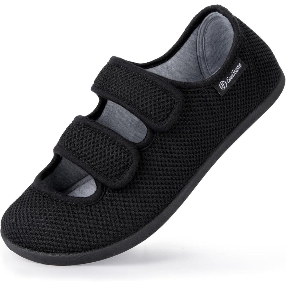 imageEverFoams Womens Breathable Knitted Slippers Adjustable Hook and Loop Straps Indoor House Shoes for Diabetic Swollen Feet