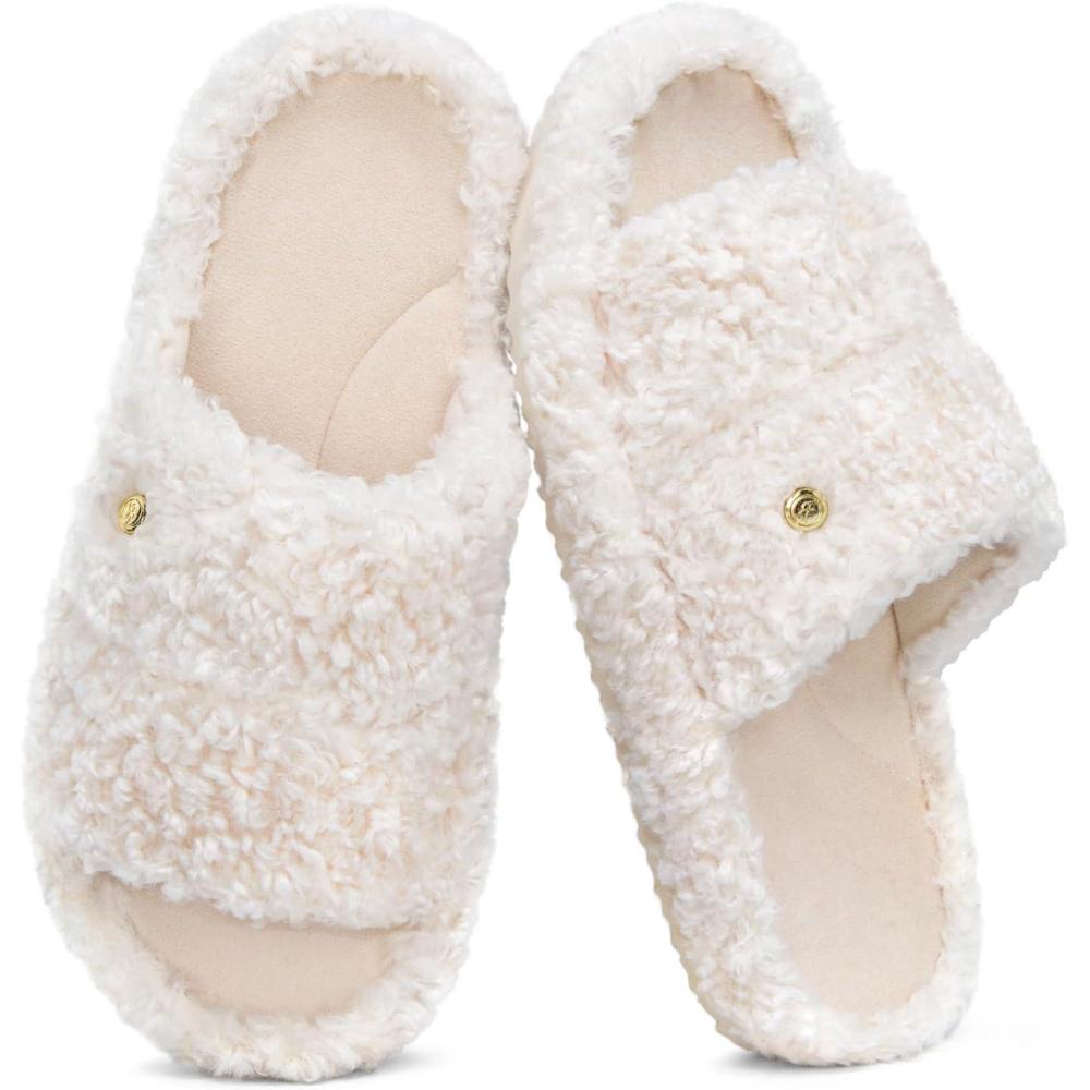 imageEverFoams Womens Fashionable Opentoe Slippers with Cozy Plush NonSlip SoleCream White
