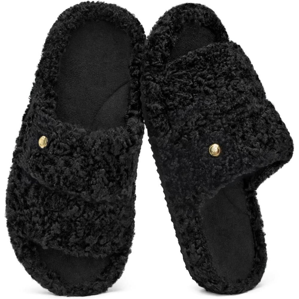 imageEverFoams Womens Fashionable Opentoe Slippers with Cozy Plush NonSlip SoleDark Black