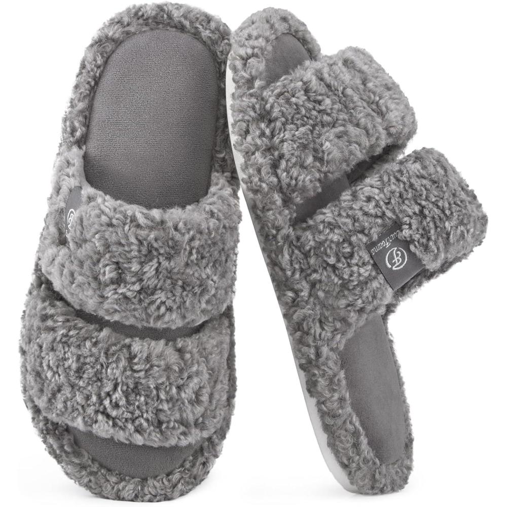 imageEverFoams Womens Fuzzy Open Toe Slippers Comfy Soft Memory Foam Indoor House ShoesCool Gray
