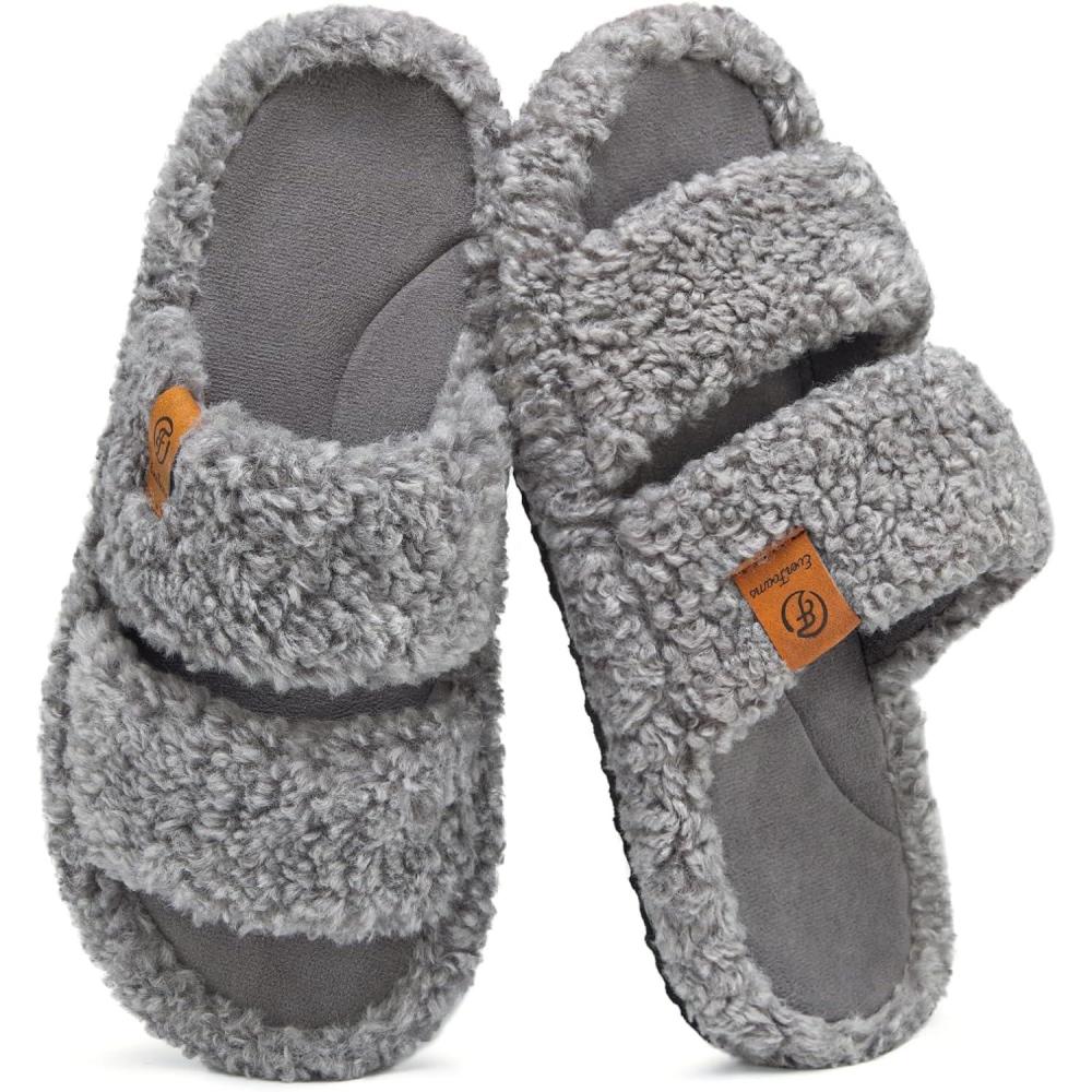 imageEverFoams Womens Fuzzy Opentoe Slippers Soft Comfy Memory Foam Indoor House ShoesCool Gray