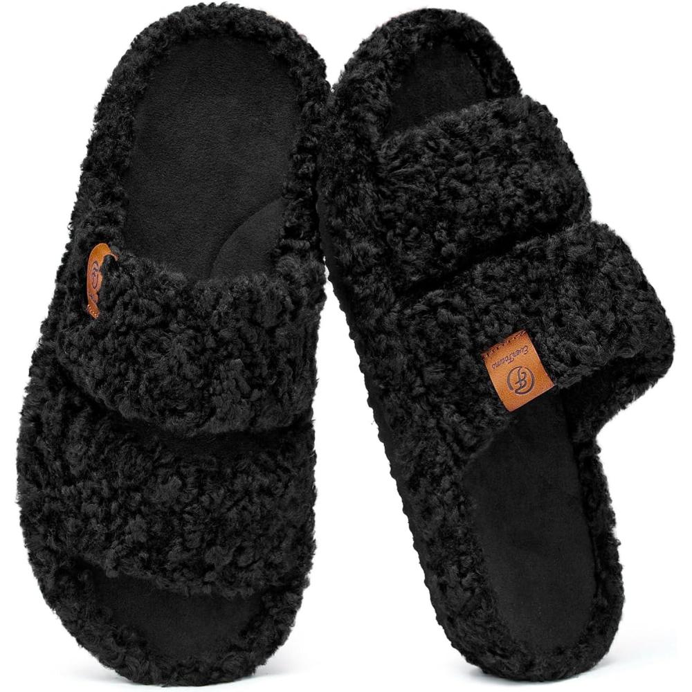 imageEverFoams Womens Fuzzy Opentoe Slippers Soft Comfy Memory Foam Indoor House ShoesMatt Black