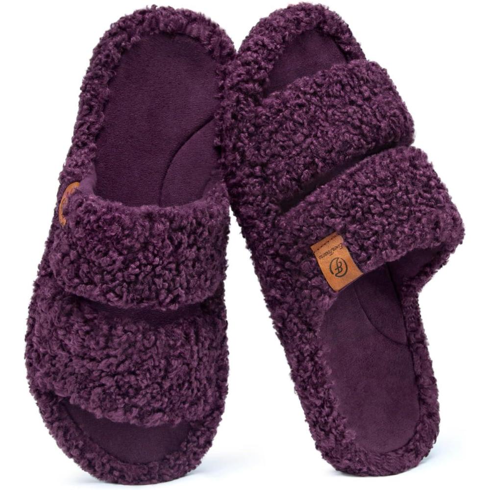 imageEverFoams Womens Fuzzy Opentoe Slippers Soft Comfy Memory Foam Indoor House ShoesPlum Violet