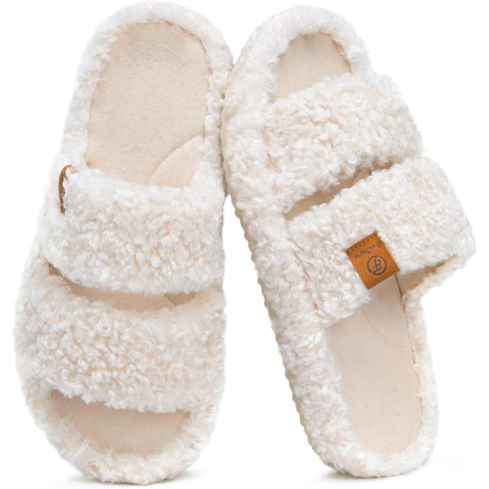 imageEverFoams Womens Fuzzy Opentoe Slippers Soft Comfy Memory Foam Indoor House ShoesVanilla Ice