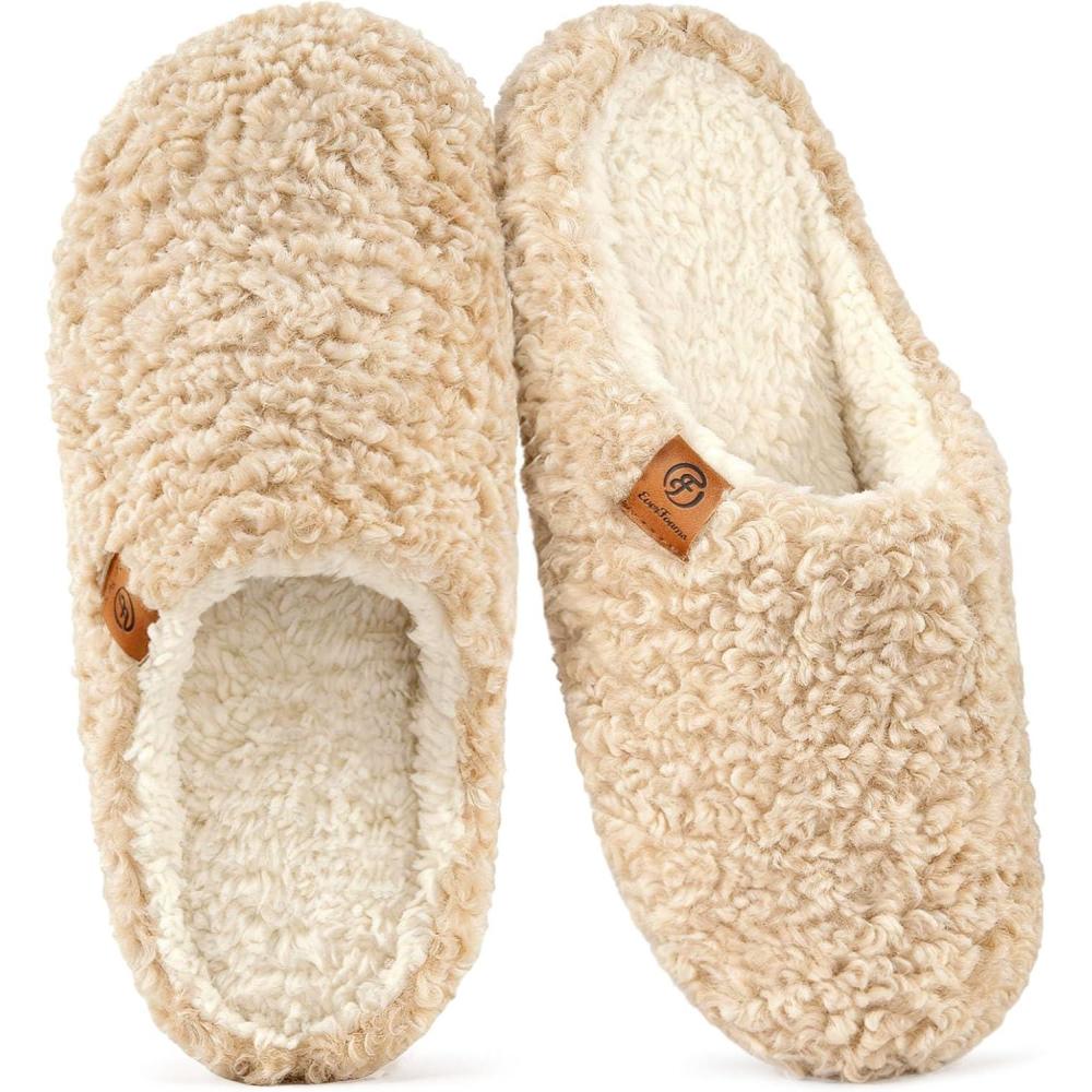 imageEverFoams Womens Fuzzy Slipon Slippers Soft Comfy Memory Foam Indoor House ShoesKhaki