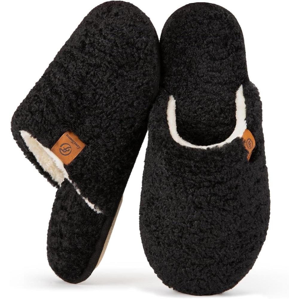 imageEverFoams Womens Fuzzy Slipon Slippers Warm Cozy Soft Lightweight Memory Foam Indoor House ShoesCarbon Black