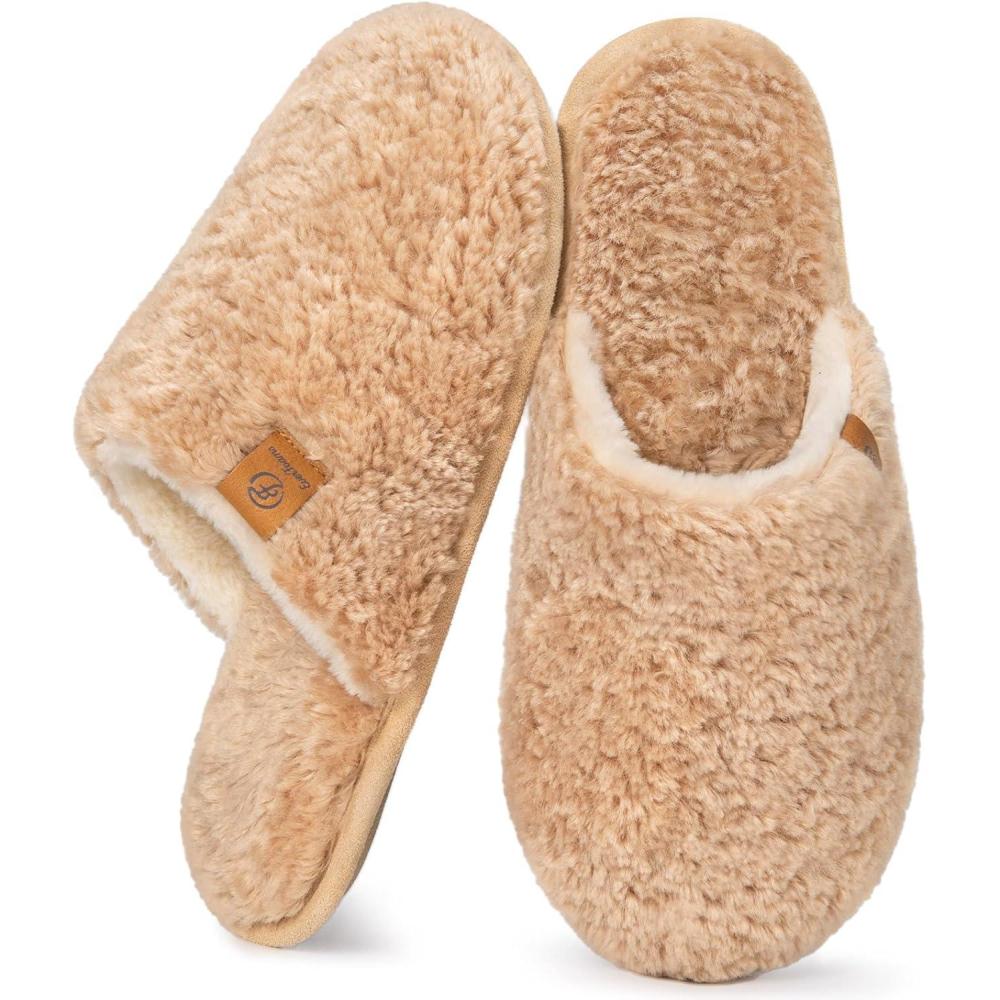 imageEverFoams Womens Fuzzy Slipon Slippers Warm Cozy Soft Lightweight Memory Foam Indoor House ShoesSand