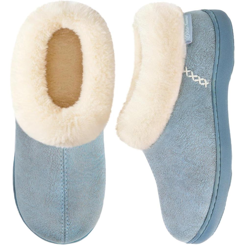 imageEverFoams Womens Microsuede Cozy Memory Foam Winter Slippers with Fuzzy Faux Fur Collar and Indoor Outdoor Rubber SoleBlue