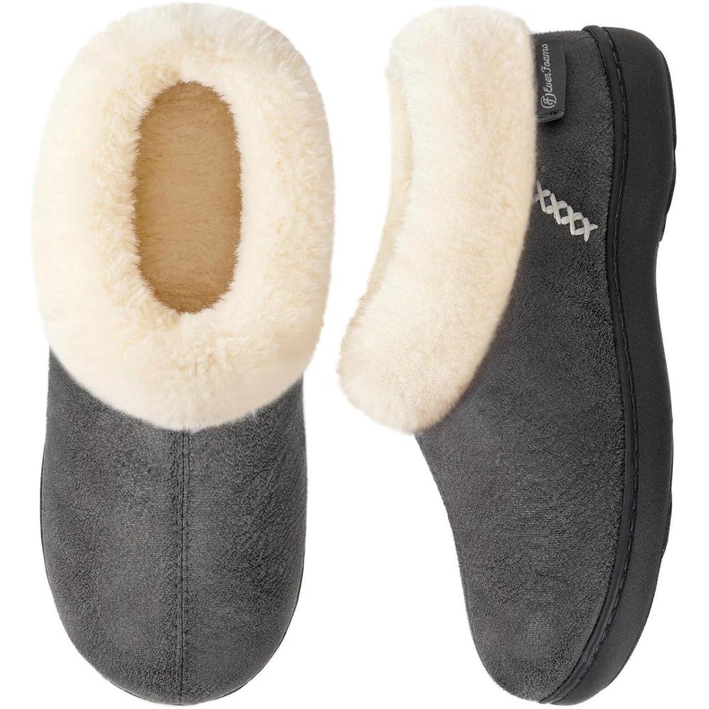 imageEverFoams Womens Microsuede Cozy Memory Foam Winter Slippers with Fuzzy Faux Fur Collar and Indoor Outdoor Rubber SoleDark Grey
