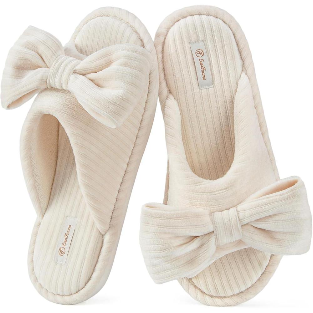 imageEverFoams Womens OpenToe Bow Slippers with Memory Foam Indoor House NonSlip SolePearl White