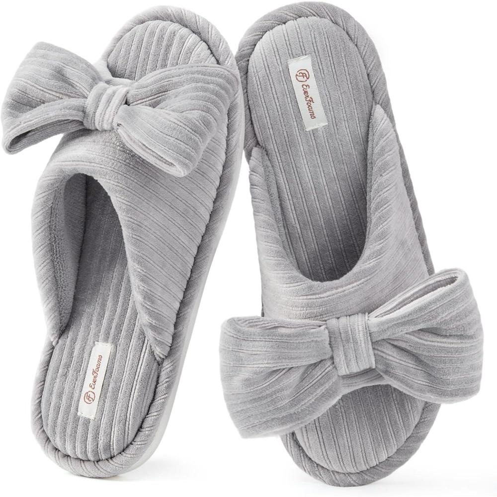 imageEverFoams Womens OpenToe Bow Slippers with Memory Foam Indoor House NonSlip SoleUltimate Gray
