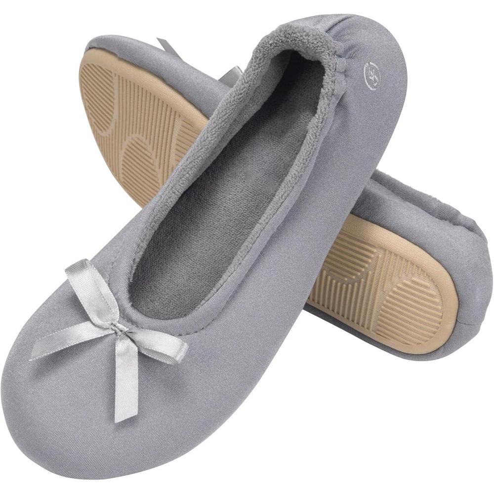 imageEverFoams Womens Satin Memory Foam Ballerina Slippers Cute House Shoes with Indoor Rubber SoleGrey