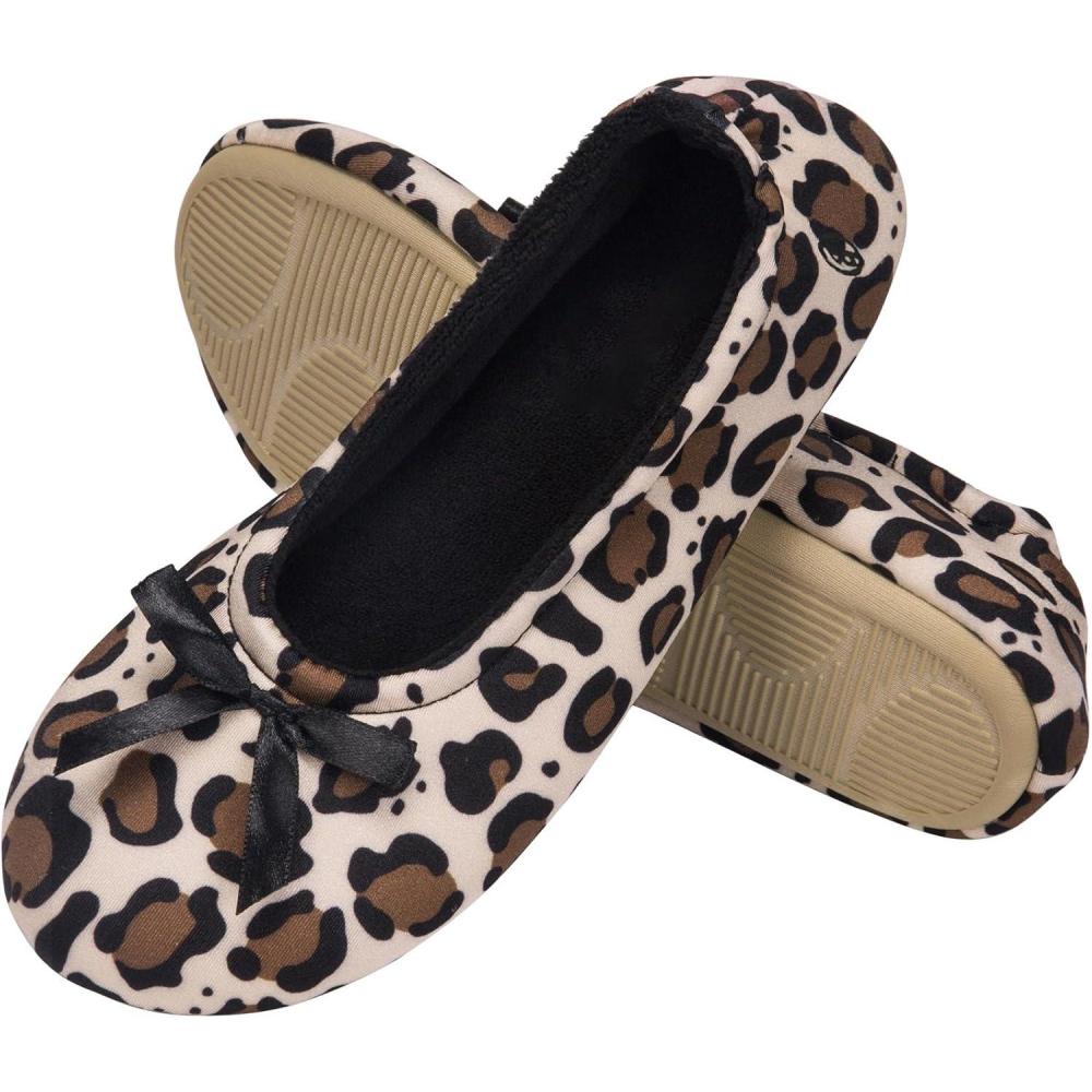imageEverFoams Womens Satin Memory Foam Ballerina Slippers Cute House Shoes with Indoor Rubber SoleLeopard