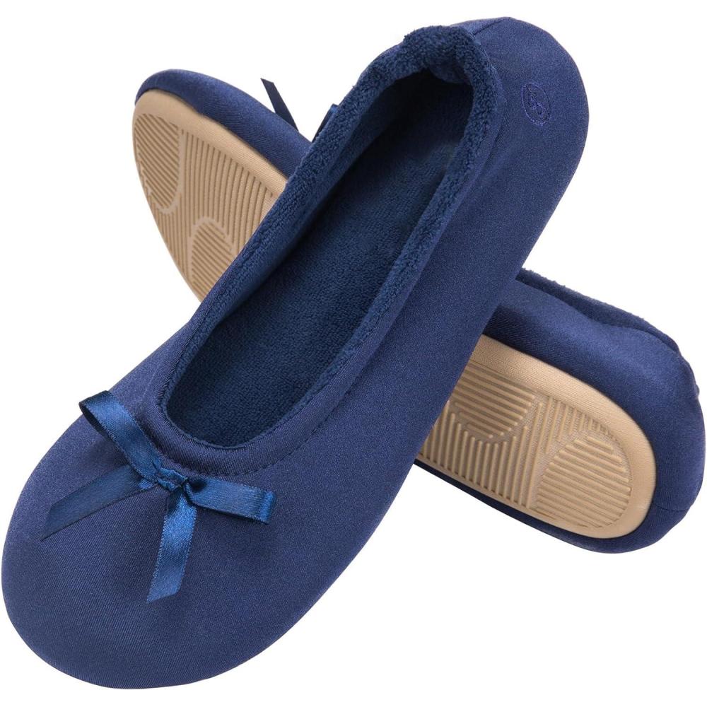 imageEverFoams Womens Satin Memory Foam Ballerina Slippers Cute House Shoes with Indoor Rubber SoleNavy Blue