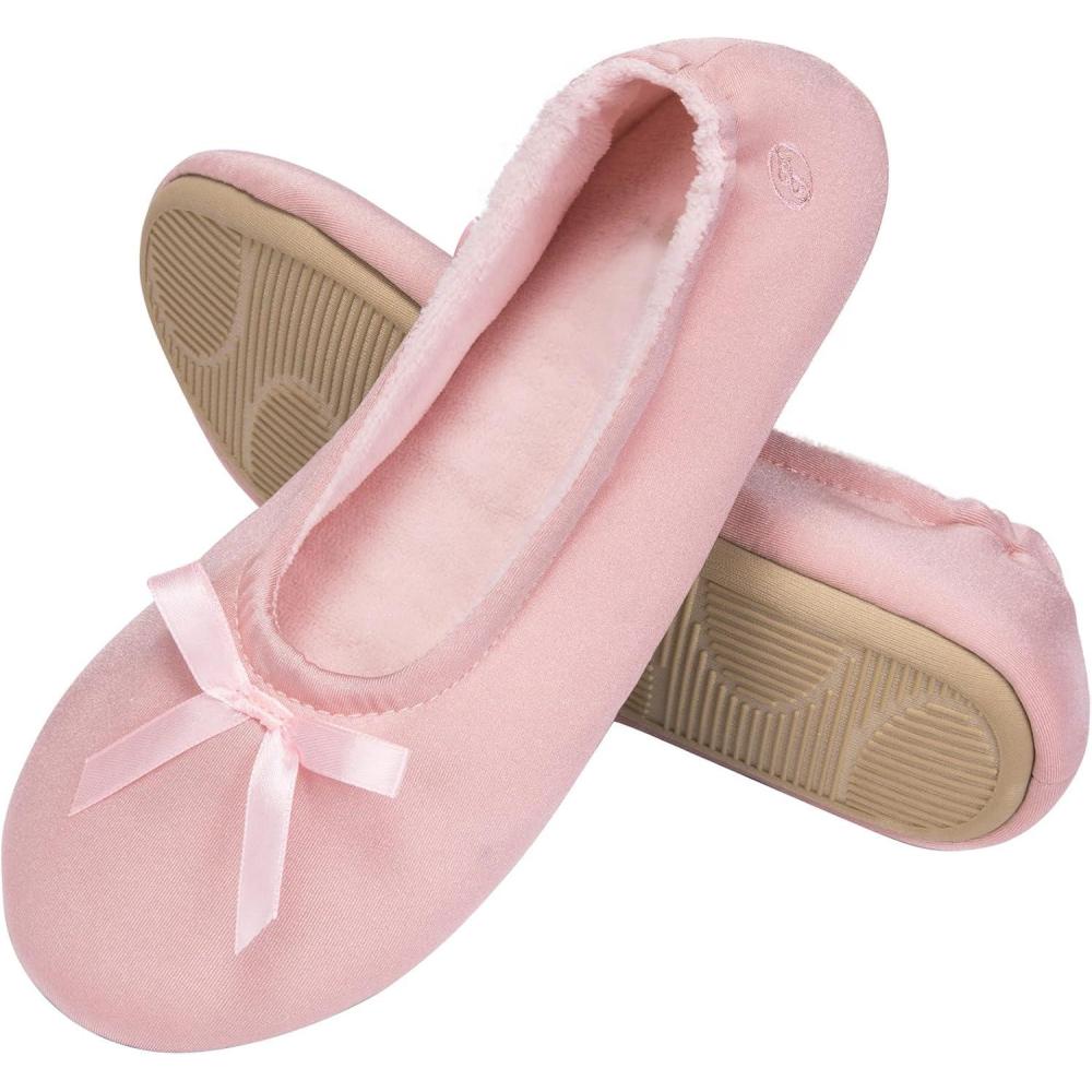 imageEverFoams Womens Satin Memory Foam Ballerina Slippers Cute House Shoes with Indoor Rubber SolePink