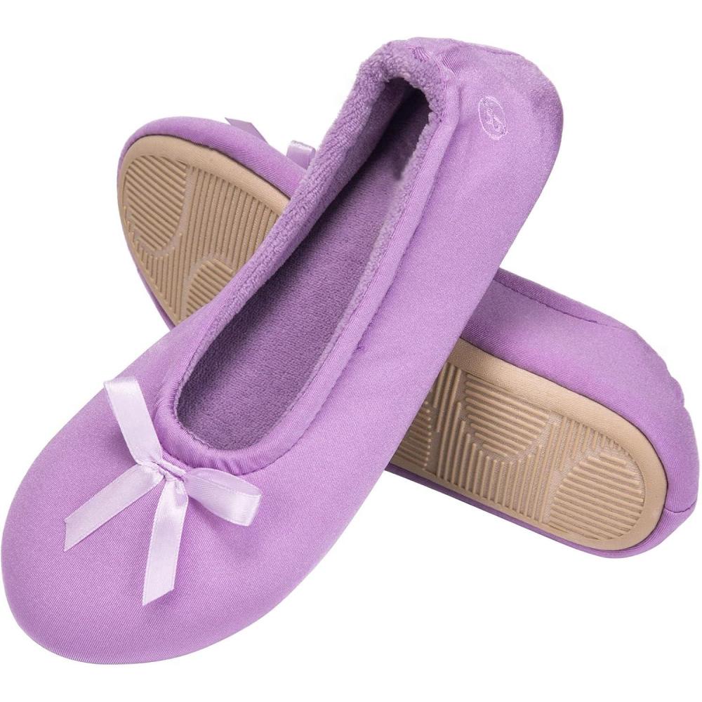 imageEverFoams Womens Satin Memory Foam Ballerina Slippers Cute House Shoes with Indoor Rubber SolePurple