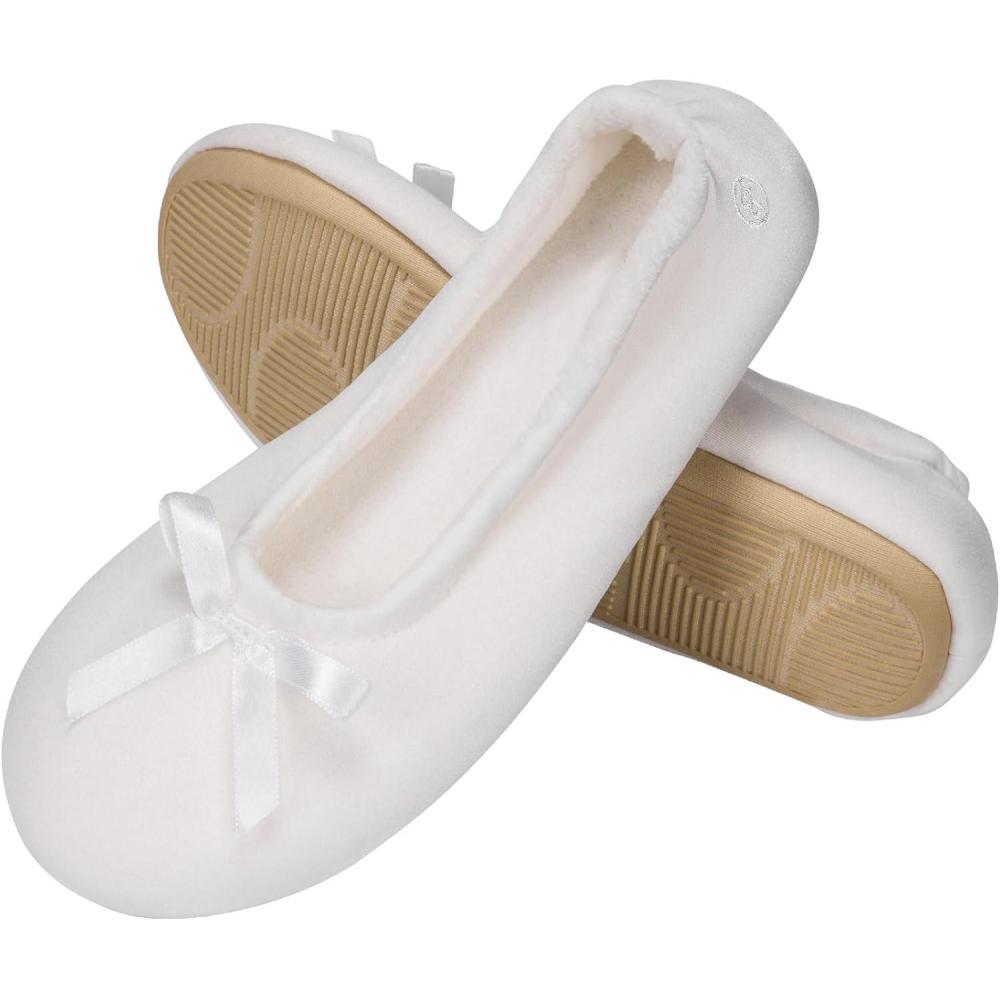 imageEverFoams Womens Satin Memory Foam Ballerina Slippers Cute House Shoes with Indoor Rubber SoleWhite