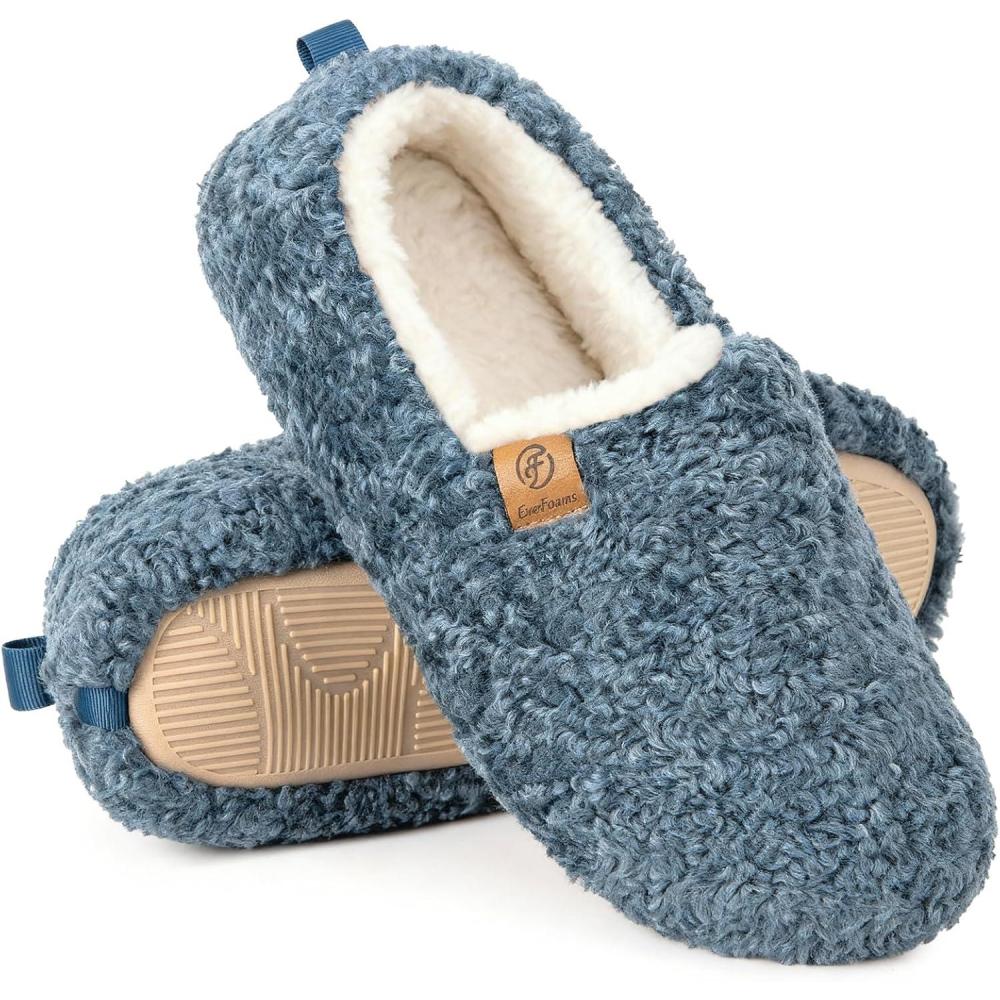 imageEverFoams Womens Soft Curly Full Slippers Memory Foam Lightweight House Shoes Cozy Loafer with Polar Fleece LiningBlue