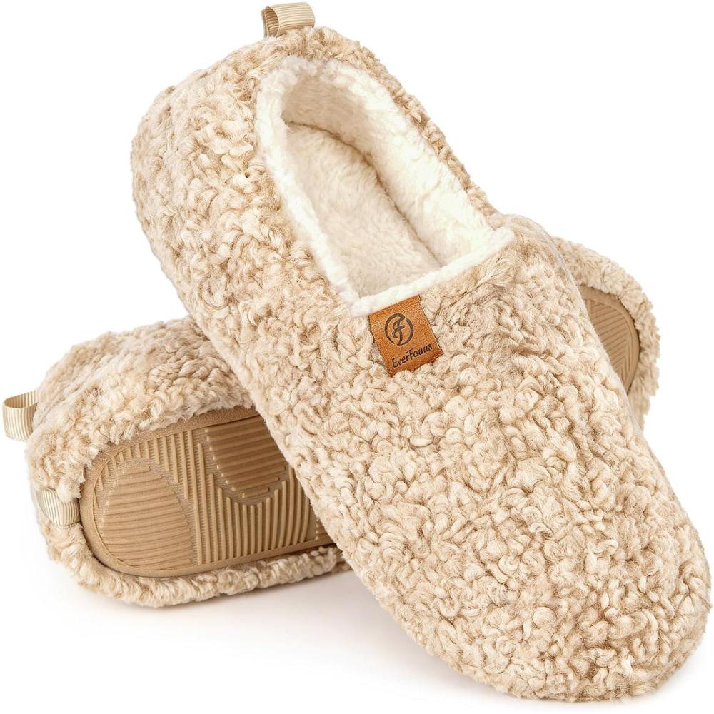 imageEverFoams Womens Soft Curly Full Slippers Memory Foam Lightweight House Shoes Cozy Loafer with Polar Fleece LiningKhaki