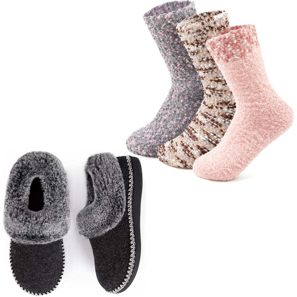 imageEverFoams Womens Winer Slipper Socks Set Womens Bootie Slippers Size 10 Dark Gray Cozy Chenille Socks 3Pair Set Free Size Misty Pastels