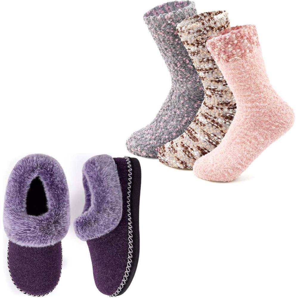 imageEverFoams Womens Winer Slipper Socks Set Womens Bootie Slippers Size 8 Purple Cozy Chenille Socks 3Pair Set Free Size Misty Pastels