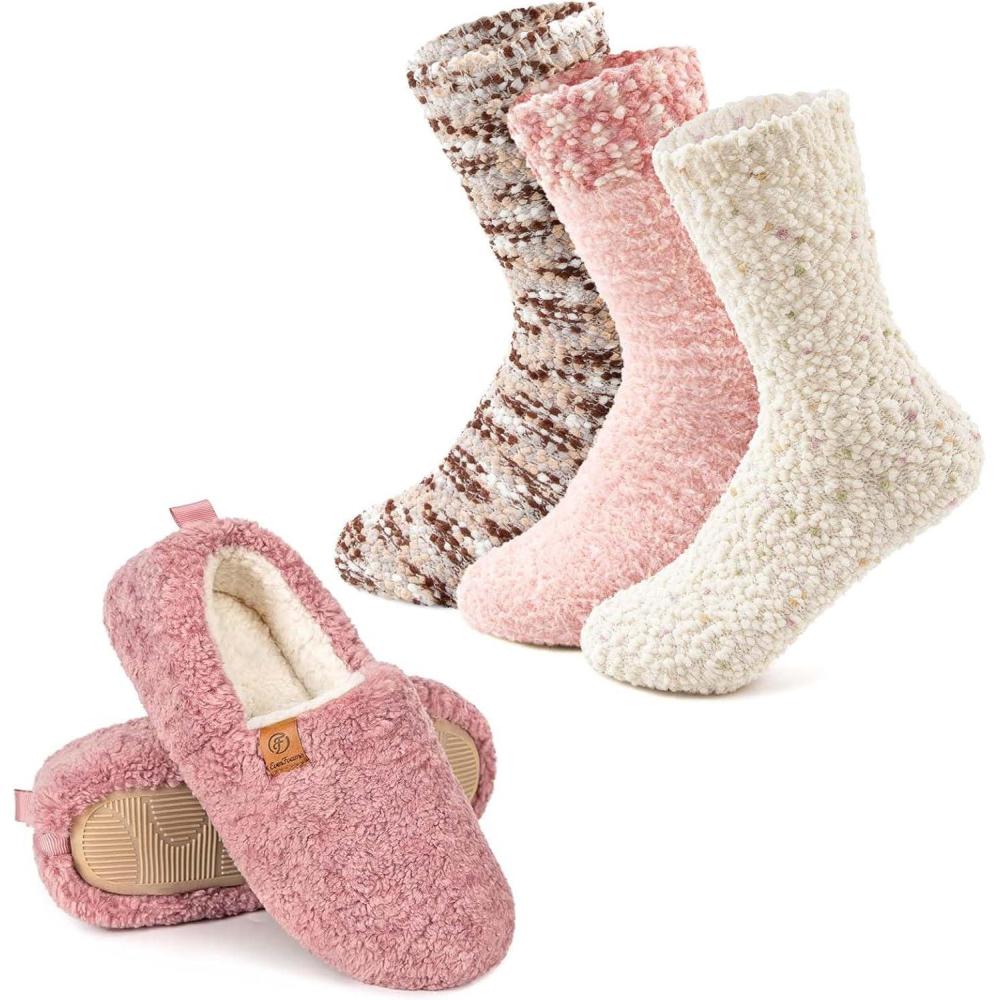 imageEverFoams Warm Womens Slippers Socks Set Soft Full Cozy Loafer Slippers Size 78 Pink Cozy Chenille Socks 3Pair Set Free Size Cute Girly