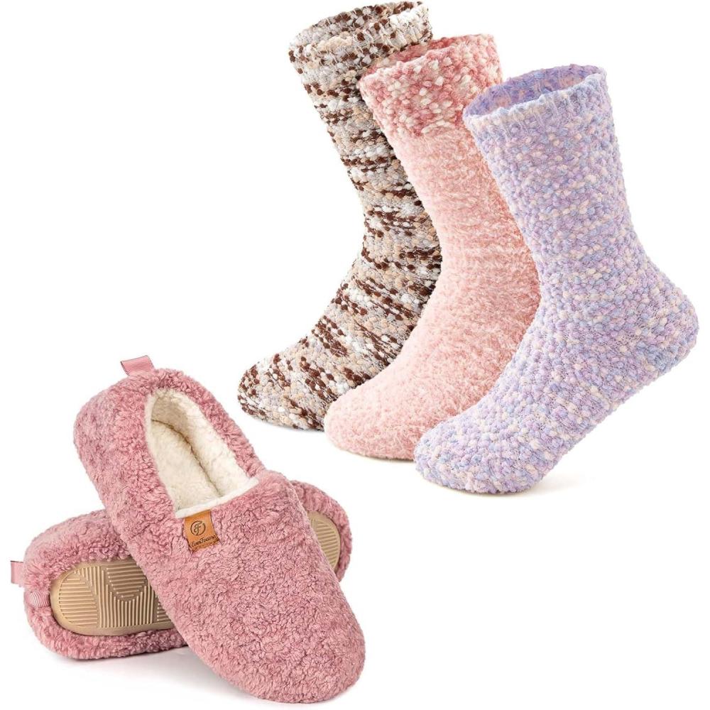 imageEverFoams Warm Womens Slippers Socks Set Soft Full Cozy Loafer Slippers Size 78 Pink Cozy Chenille Socks 3Pair Set Free Size Fairy Fluff