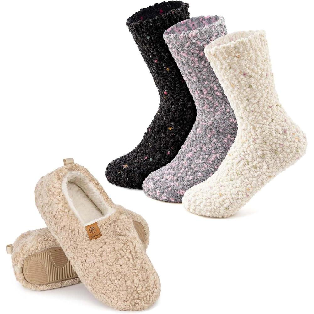imageEverFoams Warm Womens Slippers Socks Set Soft Full Cozy Loafer Slippers Size 85 Khaki Cozy Chenille Socks 3Pair Set Free Size Timeless Mix