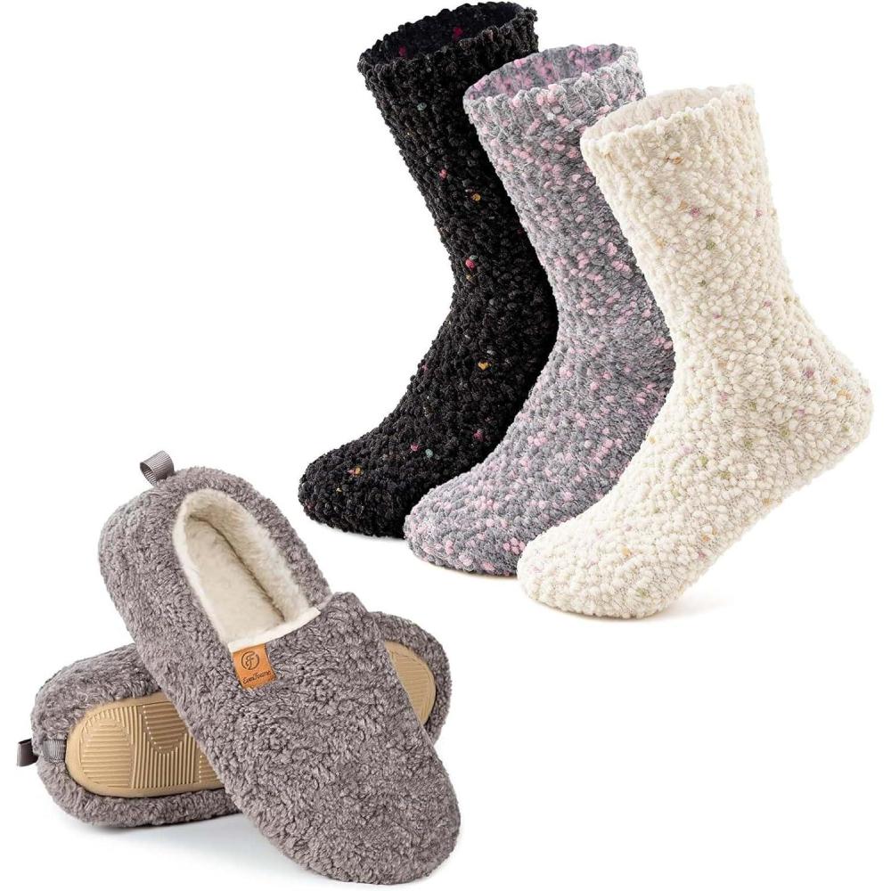 imageEverFoams Warm Womens Slippers Socks Set Soft Full Cozy Loafer Slippers Size 910 Grey Cozy Chenille Socks 3Pair Set Free Size Timeless Mix