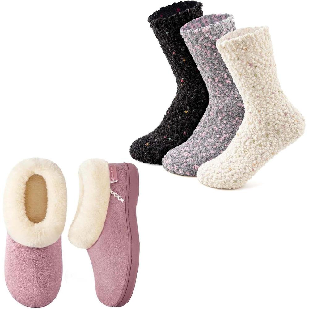 imageEverFoams Womens Winer Slipper Socks Set Womens Microsuede Slippers Size 78 Pink Cozy Chenille Socks 3Pair Set Free Size Timeless Mix